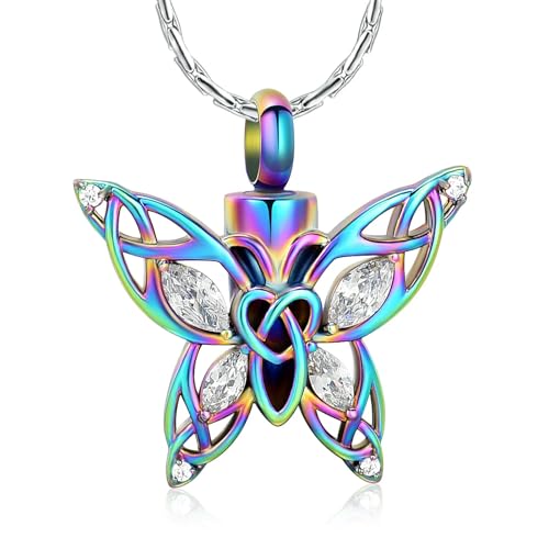 GMLRTOSPT Schmetterlings-Urnen-Halskette, Einäscherungsschmuck für Asche für Frauen, Edelstahl, eingelegter Kristall, Gedenkanhänger, Aschenhalter, Andenken, bunt, weiß von GMLRTOSPT
