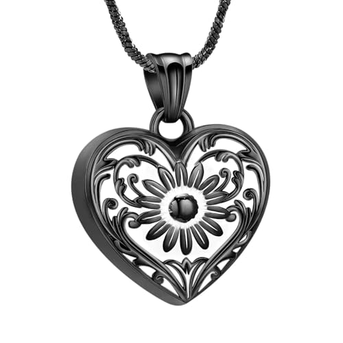 GMLRTOSPT Sonnenblumen-Einäscherungsschmuck, Herz-Urnen-Halskette für Asche, Edelstahl, Gedenkanhänger für menschliche Haustierasche, Andenken, schwarz von GMLRTOSPT