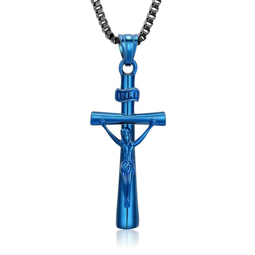 GMLRTOSPT Urnen-Anhänger-Halskette, Einäscherungsschmuck, Jesus-Kreuz, Urnen-Halskette für Asche, Edelstahl, Andenken, Gedenkstätte für Frauen und Männer, Blau von GMLRTOSPT