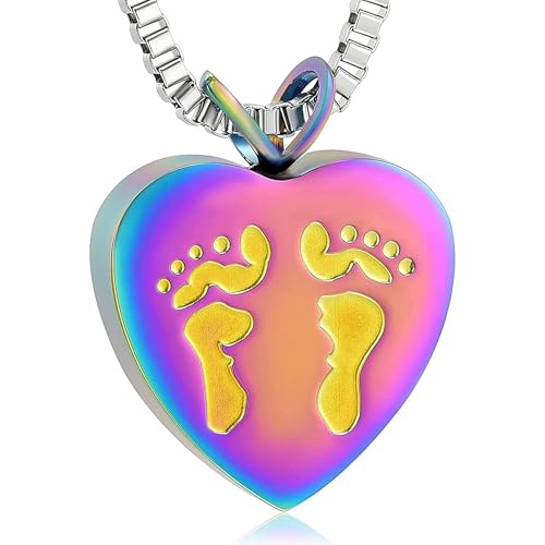 GMLRTOSPT Urnen-Halskette für Asche, Fußabdruck, Feuerbestattungsschmuck, Herz, Edelstahl, Andenken, Gedenk-Asche-Anhänger für Männer und Frauen, Geschenke, bunt von GMLRTOSPT