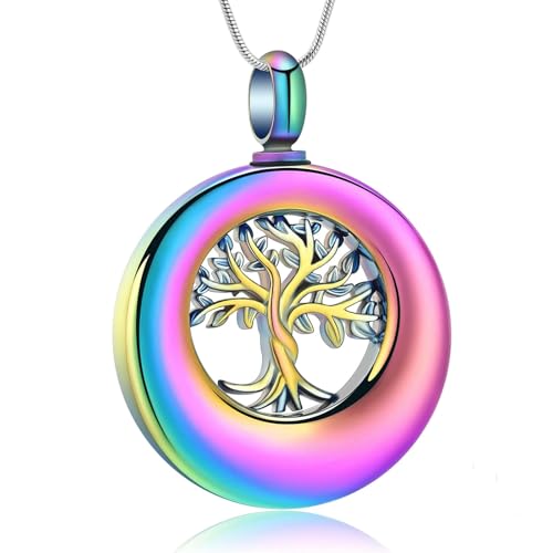 GMLRTOSPT Urnen-Halskette mit Lebensbaum-Motiv für Asche, kreisförmiger Einäscherungsschmuck, Edelstahl-Ascheanhänger für Damen und Herren, Andenken-Gedenkschmuck, bunt von GMLRTOSPT