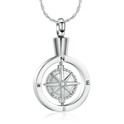 GMLRTOSPT Urnen-Halsketten mit Kompass für die Asche, Gedenkanhänger aus Edelstahl, Geschenk zum Schulabschluss für Frauen und Männer, Silber von GMLRTOSPT