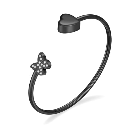 GMLRTOSPT Urnenarmband für menschliche Asche, Schmetterlingsherz-Aschearmband für Frauen, Edelstahl, zu öffnendes Manschettenarmband, Feuerbestattungsarmband, Schwarz von GMLRTOSPT