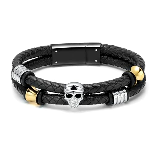 GMLRTOSPT Urnenarmband mit Totenkopfmotiv für Asche, Andenken, Gedenkarmband, geflochtenes Lederarmband für Männer, Schwarz, 24 cm von GMLRTOSPT