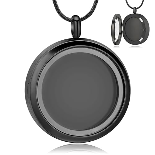 GMLRTOSPT Urnenkette für Asche, Fotoglas, Feuerbestattungsschmuck, Edelstahl, Ascheanhänger für Damen und Herren, rund, Andenken, Gedenkschmuck, schwarz von GMLRTOSPT