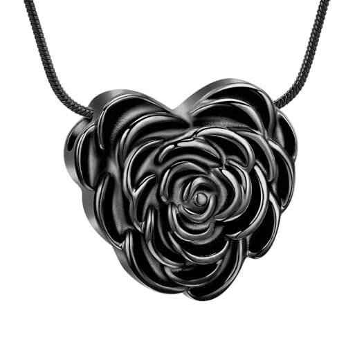 GMLRTOSPT Urnenkette für Asche, Herz, Rosenblüte, Einäscherungsschmuck, Edelstahl, Andenken, Gedenkschmuck für Frauen und Männer, Asche-Anhänger, schwarz von GMLRTOSPT