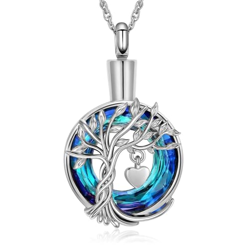 GMLRTOSPT Urnenkette mit Lebensbaum-Motiv für Asche, Kristall-Einäscherungsschmuck für Damen und Herren, Asche-Anhänger, Andenken, Gedenkschmuck, stahlblau von GMLRTOSPT