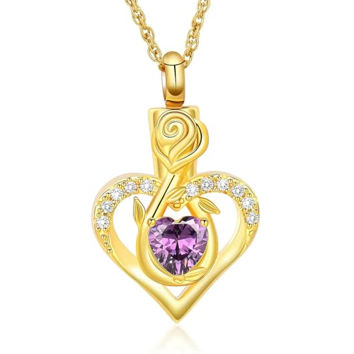 GMLRTOSPT Urnenkette mit Rosenblütenmotiv, Herzform, für Asche, für Frauen und Mädchen, Gedenk- und Andenken, Halskette mit Geburtsstein-Anhänger, Gold-Lila von GMLRTOSPT