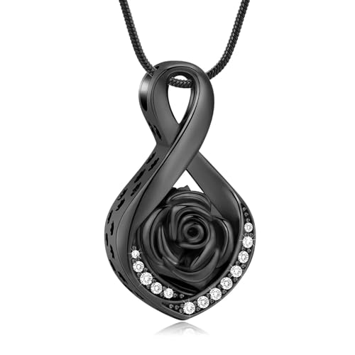 GMLRTOSPT Urnenkette mit Rosenblütenmotiv für die Asche von Frauen, Gedenkkette für die Asche eines geliebten Menschen, Schwarz von GMLRTOSPT