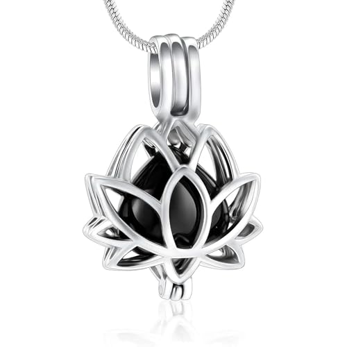 GMLRTOSPT Urnenketten für Asche zur Einäscherung, für Frauen, Edelstahl, Andenken an die Asche, Lotusblumen-Anhänger, Halskette, Stahl, Schwarz von GMLRTOSPT