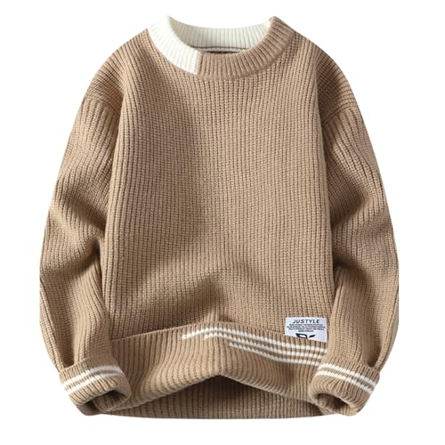 GMOYD Herren Colorblocked Crewneck Sweater Baggy Strickpullover Unisex Casual Textured Sweater Tops, Khaki, X-Large von GMOYD