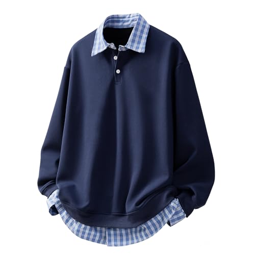 GMOYD Herren Fake Zwei Stücke Polo Sweatshirt Vintage Plaid Kragen Knopf Pullover Top, NavyBlue, Klein GMOYD Herren Fake Zwei Stücke Polo Sweatshirt Vintage Plaid Kragen Knopf Pullover Top, NavyBlue, Klein von GMOYD