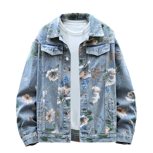 GMOYD Herren Floral Print Denim Jacke Paar überdimensioniert Jean Mantel Unisex Basic Jacke, Blau, Mittel von GMOYD