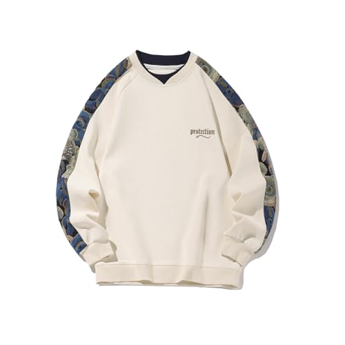 GMOYD Men Colorblocked Patchwork Collar V-Neck Sweatshirt Letters Embroidered Pullover, Hw24058beige, Medium von GMOYD