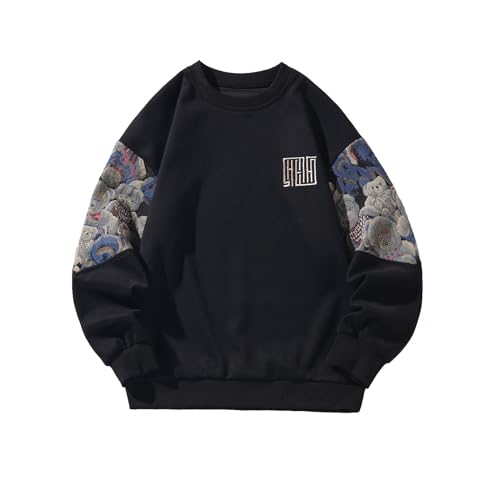 GMOYD Mens Bear Embroidered Sweatshirt Vintage Patchwork Sweatshirts Long Sleeve Pullover Tops, Black, XXL von GMOYD