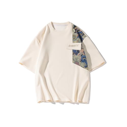 GMOYD Mens Embroidery T Shirt Crewneck Short Sleeve Shirts Patchwork Baggy Tees Tops, 24ht24321beige, M von GMOYD