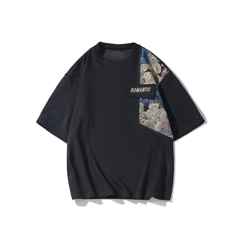 GMOYD Mens Embroidery T Shirt Crewneck Short Sleeve Shirts Patchwork Baggy Tees Tops, 24ht24321black, L von GMOYD