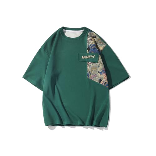GMOYD Mens Embroidery T Shirt Crewneck Short Sleeve Shirts Patchwork Baggy Tees Tops, Green, XXL von GMOYD
