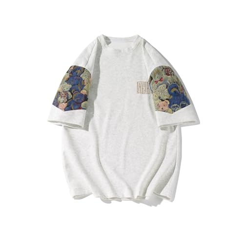 GMOYD Mens Embroidery T Shirt Crewneck Short Sleeve Shirts Patchwork Baggy Tees Tops, Ht24205grey, XXL von GMOYD