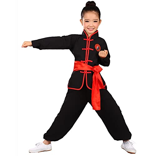 JIU Kinder Erwachsene Kung Fu Uniform Traditionelle chinesische Kleidung für Jungen Mädchen Wushu Kostüm Anzug Set Tai Chi Folk Performance Outfit (Farbe: Schwarz 1, Größe: 130 (120-130 cm)) von GMR