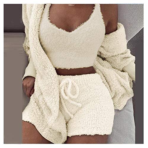 GMRZ Frauen Fuzzy Pyjamas Set, Sexy Fleece 3 Stück Outfits Trainingsanzug Soft Open Front Cardigan Und Kurze Hose Lounge-Sets,Beige,S von GMRZ