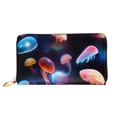 GMSGHJHDR 3D Bunte Quallen Lange Ledergeldbörse für Damen mit Reißverschluss - PU Leder Geldbörse mit mehreren Kartenfächern und Münzfach, stilvoller Clutch-Handy-Kartenhalter, Größe 3D, von GMSGHJHDR