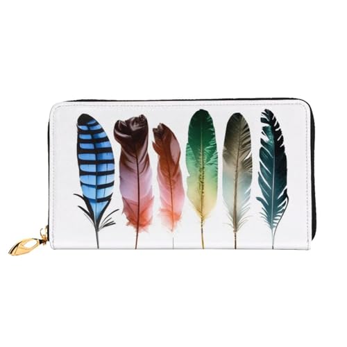 GMSGHJHDR 3D Bunte handgezeichnete Federn, lange Ledergeldbörse für Damen mit Reißverschluss, PU-Leder-Geldbörse mit mehreren Kartenfächern und Münzfach, stilvoller Clutch, Handy-Kartenhalter, Größe von GMSGHJHDR