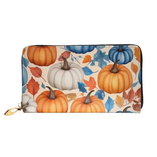 GMSGHJHDR 3D Orange Weiß Blau Blätter und Beeren Lange Leder Geldbörse für Frauen mit Reißverschluss - PU Leder Geldbörse mit Mehrere Kartenfächer und Münzfach, Stilvolle Clutch Phone Card Holder, von GMSGHJHDR
