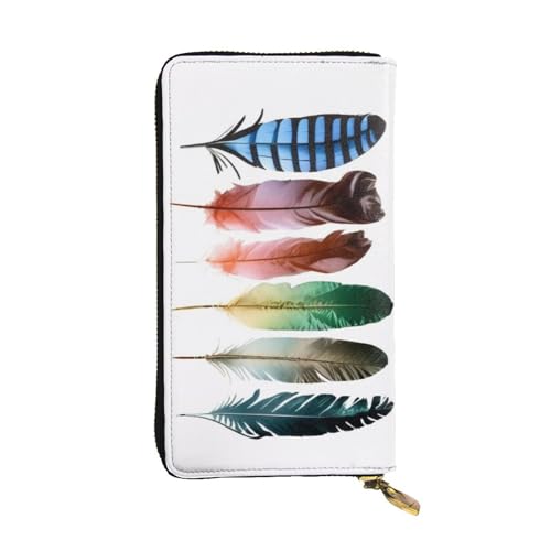 GMSGHJHDR Bunte, handgezeichnete Federn, lange Ledergeldbörse für Damen mit Reißverschluss, PU-Leder-Geldbörse mit mehreren Kartenfächern und Münzfach, stilvoller Clutch-Handy-Kartenhalter, Größe 3D, von GMSGHJHDR