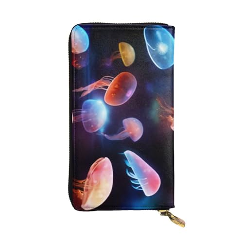 GMSGHJHDR Bunte Quallen lange Ledergeldbörse für Damen mit Reißverschluss – Geldbörse aus PU-Leder mit mehreren Kartenfächern und Münzfach, stilvoller Clutch-Handy-Kartenhalter, Größe 3D, von GMSGHJHDR