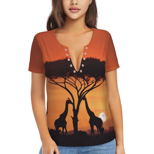 GMSGHJHDR Modische Giraffe unter dem Baum in Afrika Damen V-Ausschnitt T-Shirt Weich Bequem Dehnbar Kurzarm Tops für Casual Sommer, Größe 3D, XXL von GMSGHJHDR
