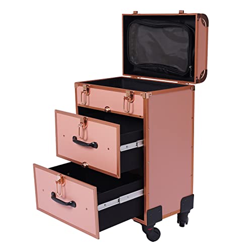 Rollender Schminkkoffer großer Kosmetiktrolley mit Schlössern Schminktasche mit Unterteilungen Kosmetikaufbewahrungs-Organizer für unterwegs Make-up- Nagelkunst - Haarstyling 36 * 23 * 58cm (Gold) von GMSLuu