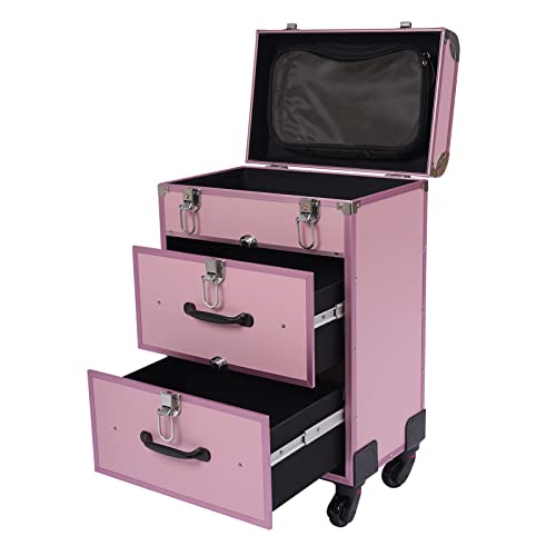 Rollender Schminkkoffer großer Kosmetiktrolley mit Schlössern Schminktasche mit Unterteilungen Kosmetikaufbewahrungs-Organizer für unterwegs Make-up- Nagelkunst - Haarstyling 36 * 23 * 58cm (Rosa) von GMSLuu