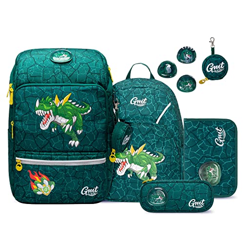 GMT for Kids Schulranzen Set 6-teilig Ergonomische Ultraleichte Schultasche Mädchen Junge Kinder Schulrucksack Dinosaurier Grundschule Schultaschen 1-4. Klasse Rucksack 22 L von GMT for Kids