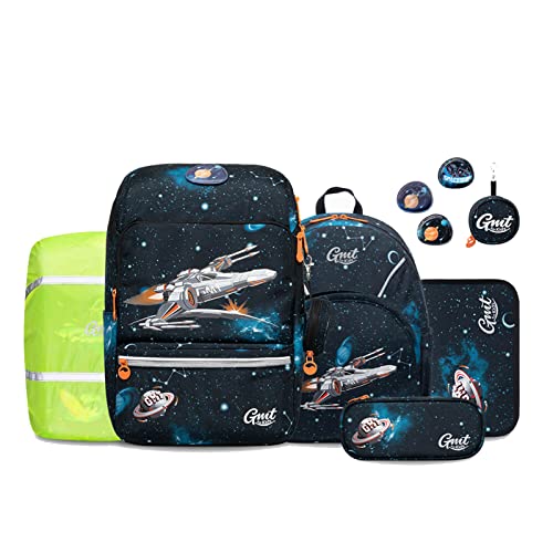 GMT for Kids Schulranzen Set 6-teilig Ergonomische Ultraleichte Schultasche Mädchen Junge Kinder Schulrucksack Raumschiff Grundschule Schultaschen 1-4. Klasse Rucksack 22 L von GMT for Kids