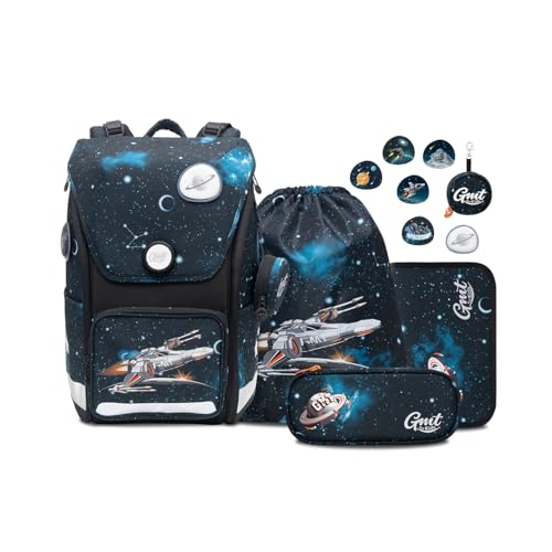 GMT for Kids Schulrucksack Set 6-teilig Ergonomische Schultasche Jungen Mädchen Schulranzen für 1-4. Klasse Wasserdicht Daypack Grundschule Raumschiff Schultaschen Rucksack 23 L von GMT for Kids