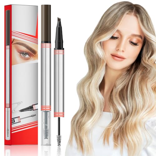 3D Wasserdichter Microblading Augenbrauenstift, 2025 Neu Doppelköpfe Magie Eyebrow Pen mit 4 Gabelspitze, Augenbrauenbürste und Augenbrauenstift Wasserfest für Natürliches Make up (Braun) von GMTEO