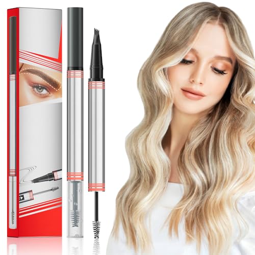 3D Wasserdichter Microblading Augenbrauenstift, 2025 Neu Doppelköpfe Magie Eyebrow Pen mit 4 Gabelspitze, Augenbrauenbürste und Augenbrauenstift Wasserfest für Natürliches Make up (Grau) von GMTEO