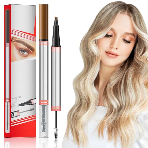 3D Wasserdichter Microblading Augenbrauenstift, 2025 Neu Doppelköpfe Magie Eyebrow Pen mit 4 Gabelspitze, Augenbrauenbürste und Augenbrauenstift Wasserfest für Natürliches Make up (Hellbraun) von GMTEO