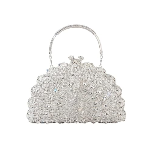 Wunderschöne Abendtasche mit Pfauen-Kristallen, funkelnd, klassisch, halbrund, Diamant-Geldbörsen und Handtaschen, Hochzeit, Party für Spaziergänge, silber, L22xW5.5xH13.5cm von GMVZGQW