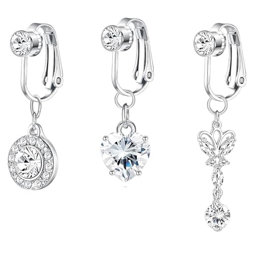 GMXJGZ 3 Stück Fake Bauchnabelpiercing, Silber Anklipsen Bauchnabelpiercing Clip, Bauchnabel Piercing für Damen, Kein Piercing von GMXJGZ