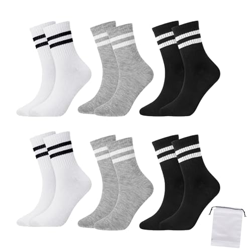 GMXJGZ 6 Paar Tennissocken Damen 39-42 Tennissocken Herren Sport Socken Tennis Socken tennissocken familie Streifen Socken Baumwolle für Damen und Herren mit Aufbewahrungstasche (Schwarz,Weiß,Grau) von GMXJGZ