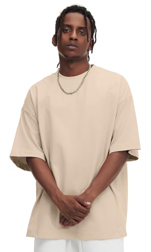 Hochwertige Basic Herren Oversize T-Shirt 100% Baumwolle, 310 GSM, Drop-Shoulder Lose Passform Einfarbige Rundhals Kurzarm(Khaki,XL) von GMYG