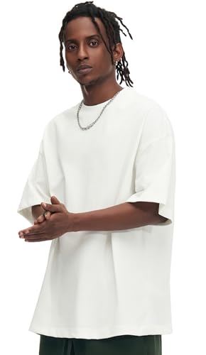 Hochwertige Basic Herren Oversize T-Shirt 100% Baumwolle, 310 GSM, Drop-Shoulder Lose Passform Einfarbige Rundhals Kurzarm(weiß,M) von GMYG