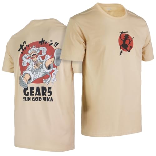 One Ruffy Piece Monkey D Luffy Sun God Nika Gear 5th Gear Devil Fruit Teufelsfrucht Japanisches Anime T-Shirt aus 100% Baumwolle für Herren und Damen(Beige,XL) von GMYG