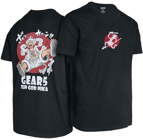 One Ruffy Piece Monkey D Luffy Sun God Nika Gear 5th Gear Devil Fruit Teufelsfrucht Japanisches Anime T-Shirt aus 100% Baumwolle für Herren und Damen(Schwarz,XXL) von GMYG