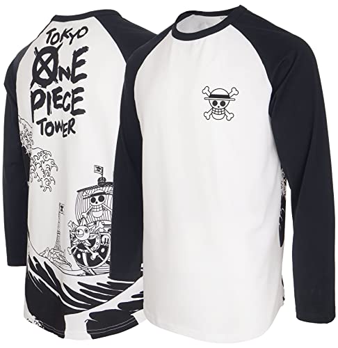One Luffy Piece Thousand Sunny Piratenschiff Ruffy Große Welle vor Kanagawa Japanischer Anime 100% Schwere Baumwolle Raglan Baseball Männer T-Shirt(XXL,Schwarz/Weiß) von GMYG