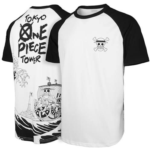 One Ruffy Piece Thousand Sunny Piratenschiff Luffy Große Welle vor Kanagawa Japanischer Anime 100% Schwere Baumwolle Raglan Baseball Männer Kurzarm T-Shirt(M,Schwarz/Weiß) von GMYG