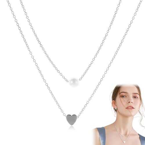 1 Stücke Halskette Sterling Silber 925 Ketten für Damen, Echte Vergoldet Verstellbares 2 in 1 Stapelbare Layering Ketten mit Herz Coin Anhänger Halsketten Boho Schmuck Ketten für Frauen von GNALIA