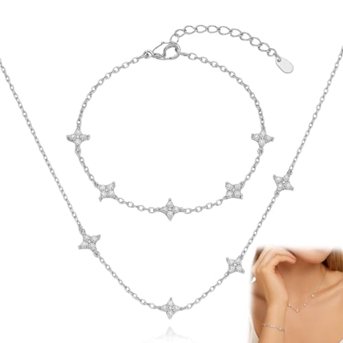 2 Stück Halskette Damen und Armbänder mit Cubic Zirkonia Vierblättriges Kleeblatt 925 Sterlingsilber Kette für Mädchen,Stapelbare Halskette Vierblättriges Kleeblatt Schmuck Geschenk von GNALIA